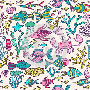 Cartoon set with sea live, vector set. Colorful sea animals, sea world seamless pattern, under water world wallpaper with fish, oc photo