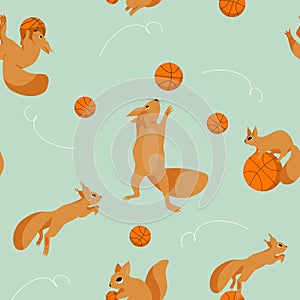Cartoon set, seamless pattern with playful squirrels plaing in basketball