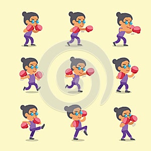 Cartoon set of senior woman doing kickboxing workout