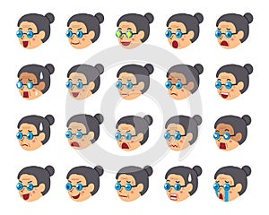 Cartoon set of senior woman faces showing different emotions