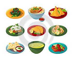 Cartoon set of traditional indian food in different dishes