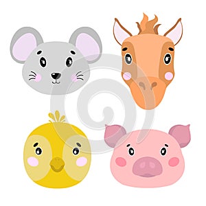 Cartoon set Vector Animals farm face,four objects mouse, pig, horse, chick.