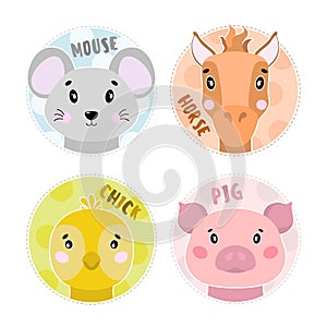 Cartoon set Vector Animals farm face,four objects mouse, pig, horse, chick.
