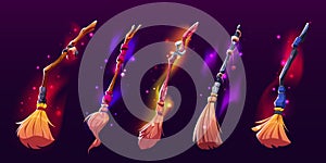 Cartoon set of witch broomsticks on dark