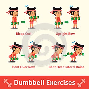 Cartoon set of woman doing dumbbell exercise step for health and fitness