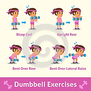 Cartoon set of a woman doing dumbbell exercise step for health and fitness