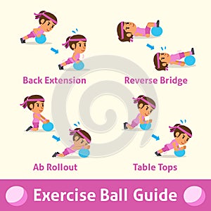 Cartoon set of a woman doing exercise ball step for health