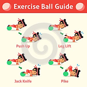 Cartoon set of woman doing exercise ball step for health and fitness