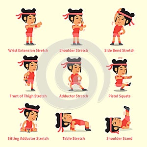 Cartoon set of woman doing exercises for health