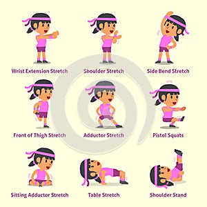 Cartoon set of woman doing exercises for health and fitness