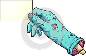 Cartoon severed zombie hand holding a blank card