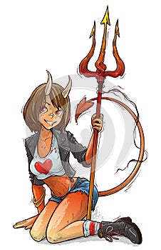 Cartoon sexy devil girl with horns and trident