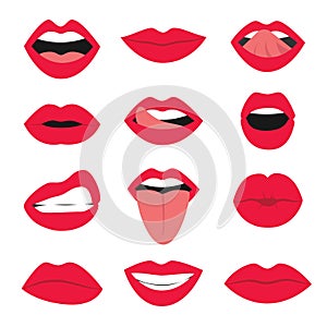 Cartoon Sexy Woman Mouth Icon Set. Vector