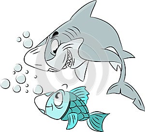 Cartoon shark and fish wearing a protective mask to keep safe from corona virus vector illustration