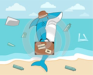 Cartoon shark leaving the polluted ocean with a suitcase.