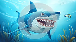 Cartoon shark playfully swims through the underwater world. AI Generative