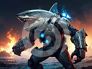 a cartoon of a shark Rage of the Cybernetic Apex The Fury of the Human-Shark Warrior