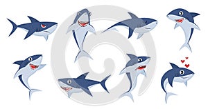 Cartoon sharks. Comic shark animals, cute character emotions, scary jaws and underwater ocean fish cheerful mascot for