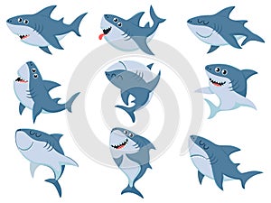 Cartoon sharks. Comic shark animals, scary jaws and ocean swimming angry sharks vector illustration set