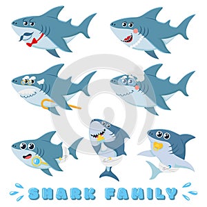 Cartoon sharks family. Newborn baby shark, comic marine father and cheerful mother sharks characters vector illustration set