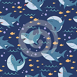 Cartoon sharks pattern. Seamless ocean swim, marine shark and sea underwater vector background