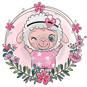 Cartoon Sheep girl with a floral wreath