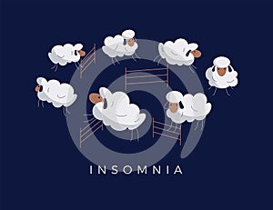 Cartoon sheep jumping over fence on night background. Insomnia, sleep disorder, sleeplessness, dream, trying to sleep