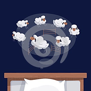 Cartoon sheep jumping over fence on night background. Trying to sleep, counting the sheep, insomnia, sleep disorder