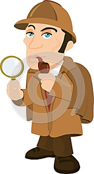 Cartoon Sherlock Holmes with a magnifying glass