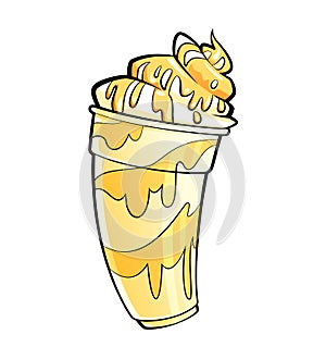 Cartoon shiny banana vanilla milkshake with syrup and cream