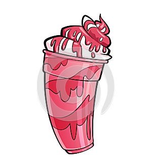 Cartoon shiny strawberry or cherry milkshake with syrup and cream