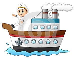 Cartoon ship captain pointing on a ship