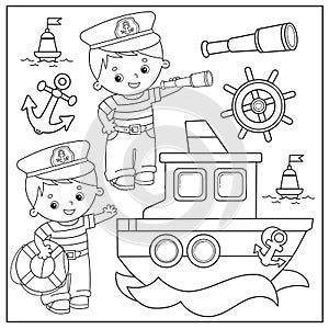 Cartoon ship or steamer. Sailors or seamen with spyglass and lifebuoy. Images of sea transport for children. Profession. Coloring