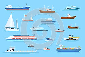 Cartoon ships harbor. Marine carrier boats on river ferry port dock side view, ocean tanker cargo container nave yacht