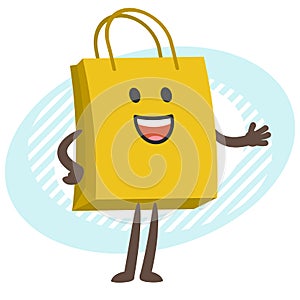 Cartoon Shopping Bag Character explaining and pointing somewhere with his hand