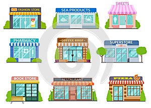 Cartoon shops. Barber shop, bookstore and pharmacy. Bakery, cafe and restaurant isolated flat stories vector street