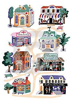 Cartoon shops and municipal buildings flat set