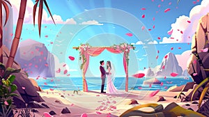 This cartoon shows a beach wedding ceremony with bride and groom taking vows beneath a draped arch on the seaside