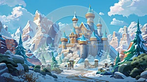 The cartoon shows a fairytale castle with windows and doors, towers and gates in a winter landscape near mountains