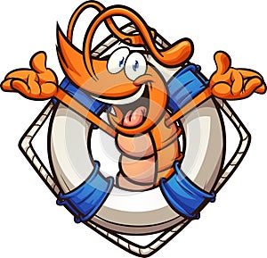 Happy cartoon shrimp coming out of lifesaver