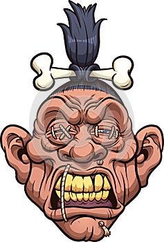 Cartoon shrunken head with bone