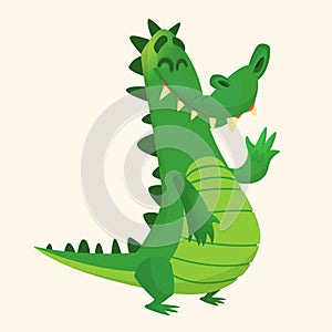 Cartoon shy crocodile smiling and waving. Vector character for sticker design or decoration