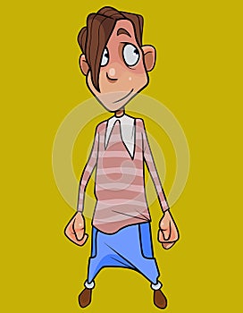 Cartoon shy young man with long bangs looking to the side