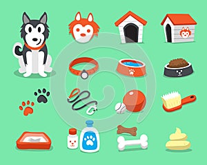 Cartoon siberian husky dog and accessories set
