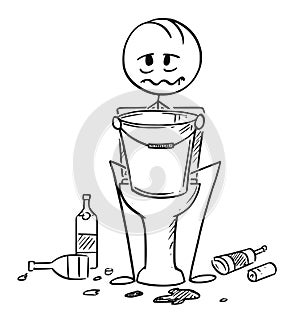 Cartoon of Sick or Drunk Man Sitting on Toilet With Bucket in Hands