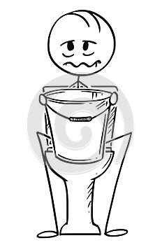 Cartoon of Sick or Drunk Man Sitting on Toilet With Bucket in Hands