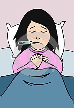 Cartoon sick girl in bed