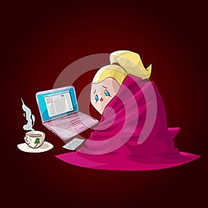 Cartoon sick girl with blanket