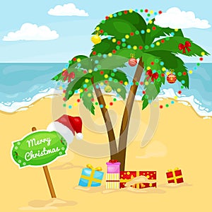 Cartoon sign merry christmas on sunny beach