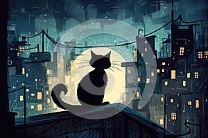 Cartoon Silhouette Of Black Cat On A Root Against Bright Moon